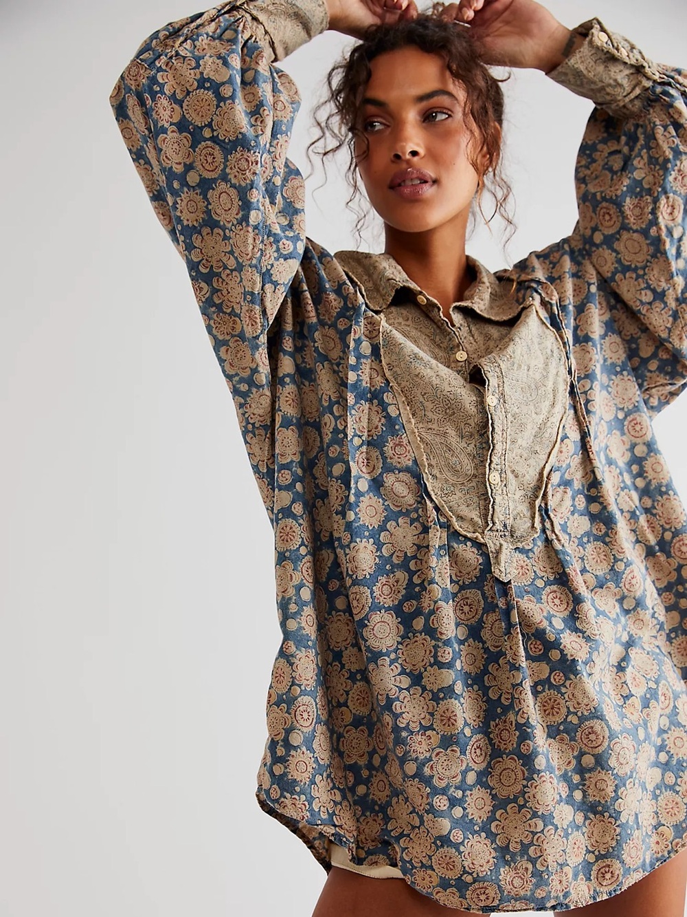 Magnolia Pearl Block Print Tora Shirt 1114 Rourke Oversized Button Neck - Picture 12 of 12